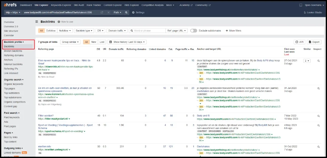 analyseren backlink profiel met ahrefs