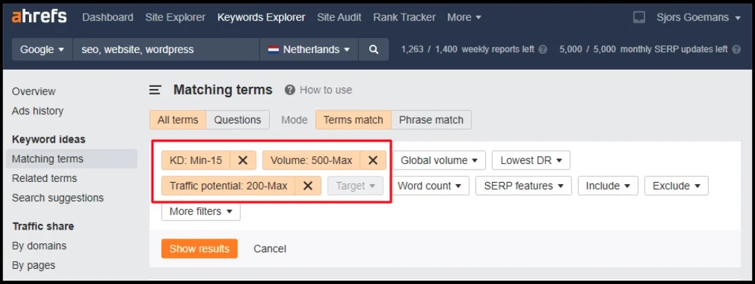 matching terms keywords explorer