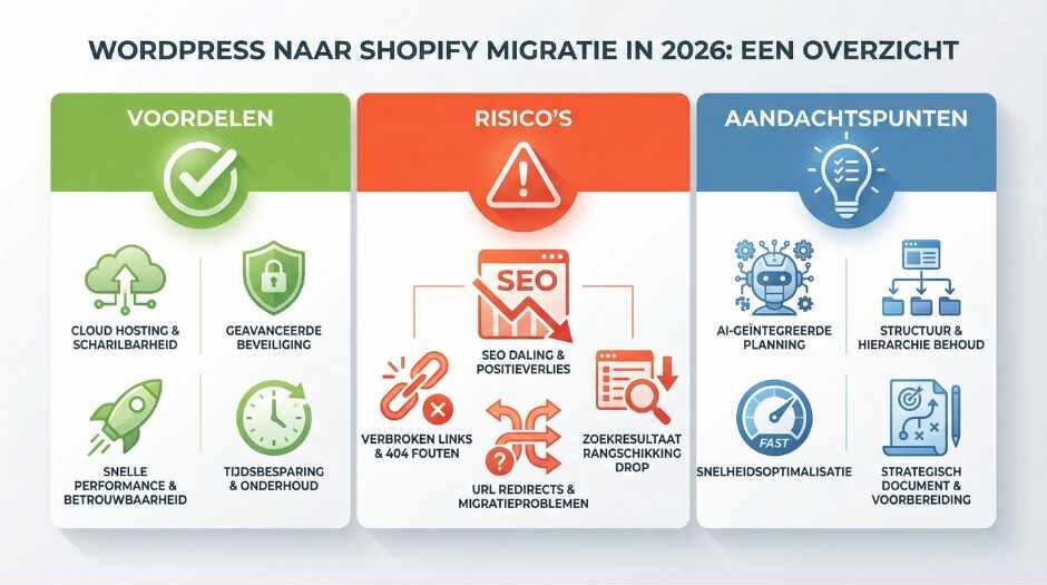 Wat zijn de voordelen, risico’s en aandachtspunten bij migreren van WordPress naar Shopify in 2026?