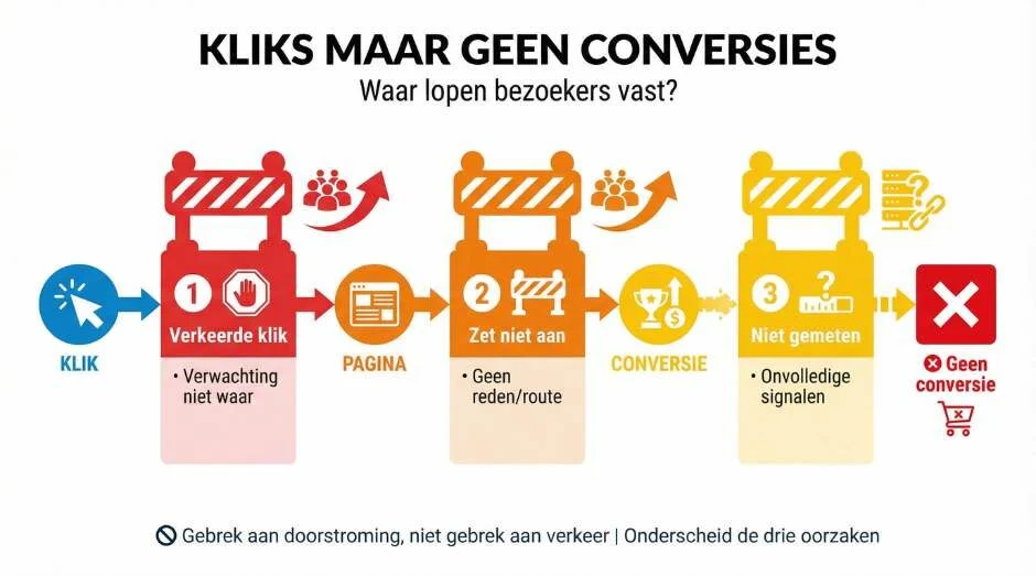 Wat betekent het concreet als je wel kliks krijgt maar geen conversies?