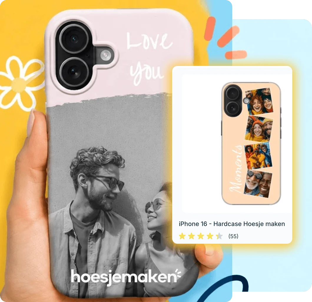 Hand met een gepersonaliseerd iPhone-hoesje van Hoesjemaken, met daarnaast een productkaart van een iPhone 16 hardcase